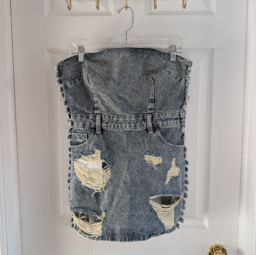PrettyLittleThing Blue Distressed Strapless Dress